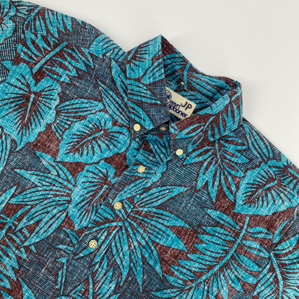 Reyn Spooner Shirt Mens S Teal Burgundy Leaf Reverse Print Pullover Tropical